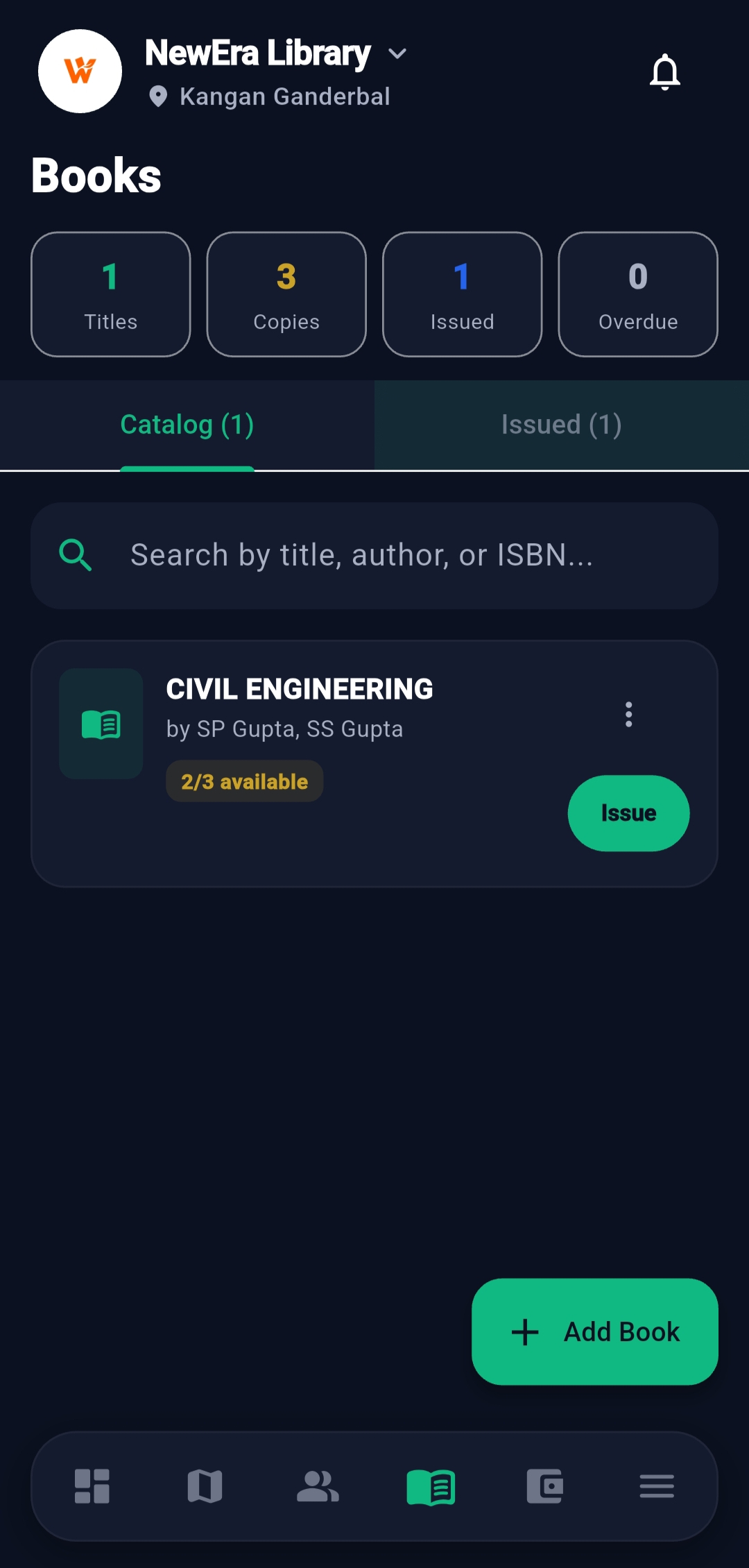 Panin Library book catalog and issue tracking screen