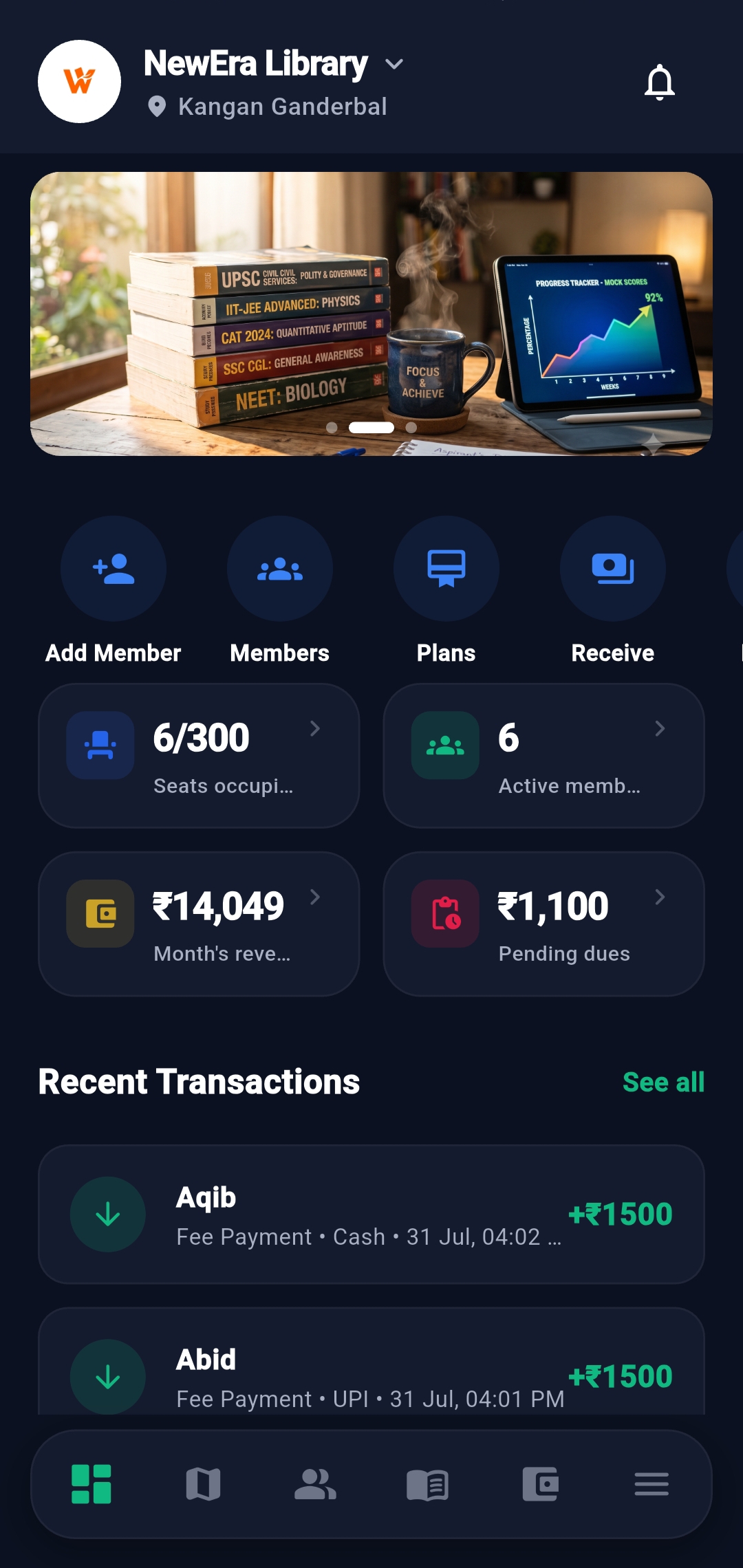 Panin Library dashboard showing revenue, occupied seats and active members