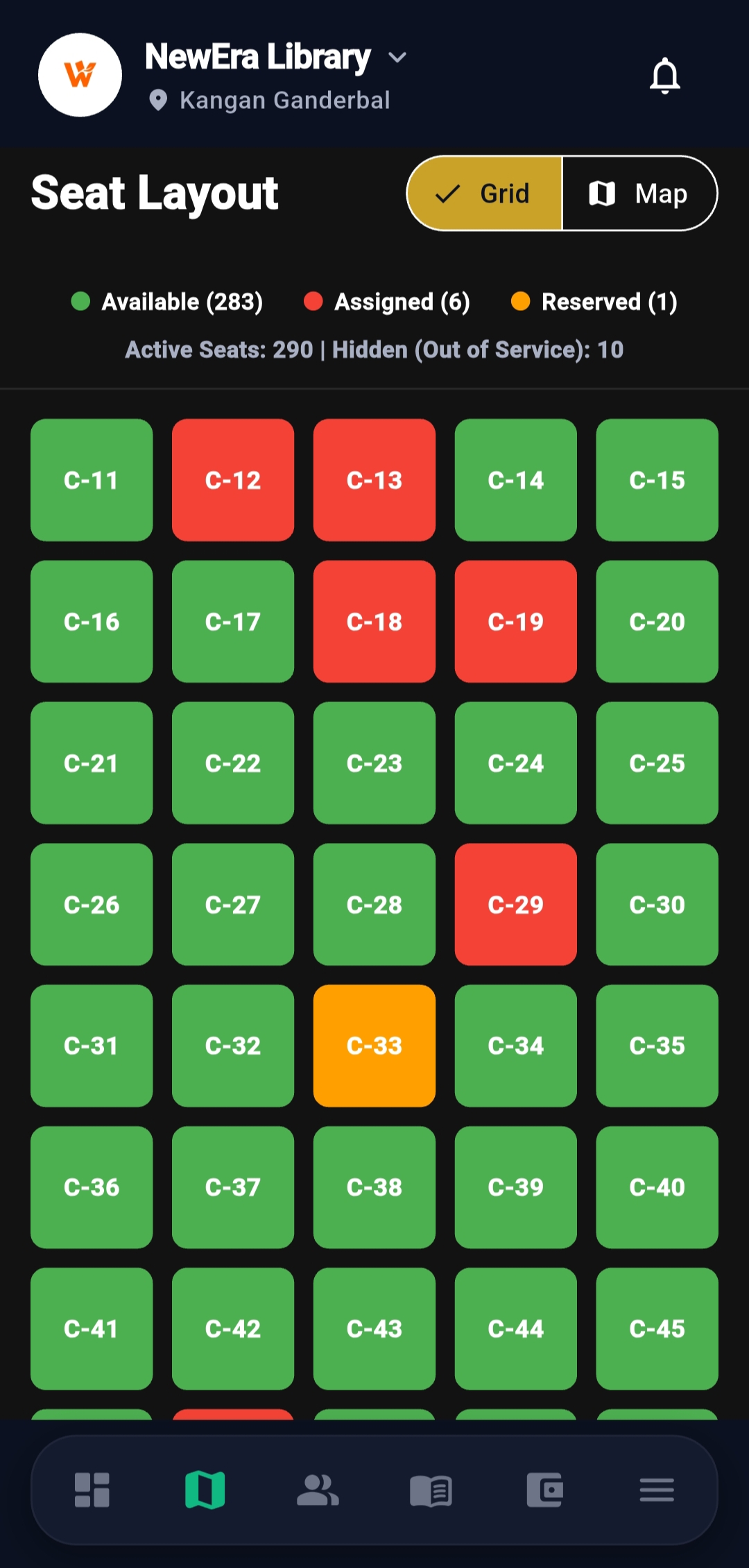 Panin Library live seat layout with available, assigned and reserved seats